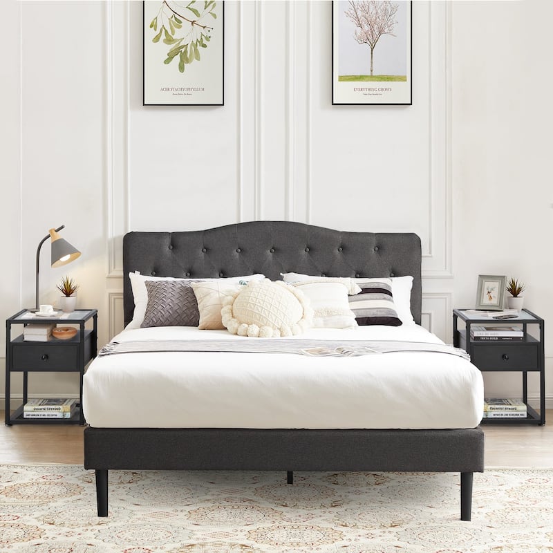 Taomika 3-pieces Height Adjustable Upholstered Bed and Modern Tempered Glass Nightstands Set - Black - Queen