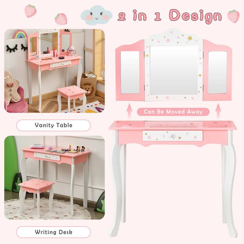 Gymax Kids Vanity Princess Makeup Dressing Table Chair Set W/ - See Details