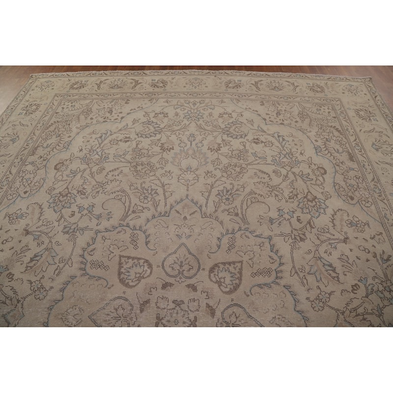 Vintage Distressed Tabriz Persian Rug Geometric Handmade Wool Carpet - 9'6" x 13'1"