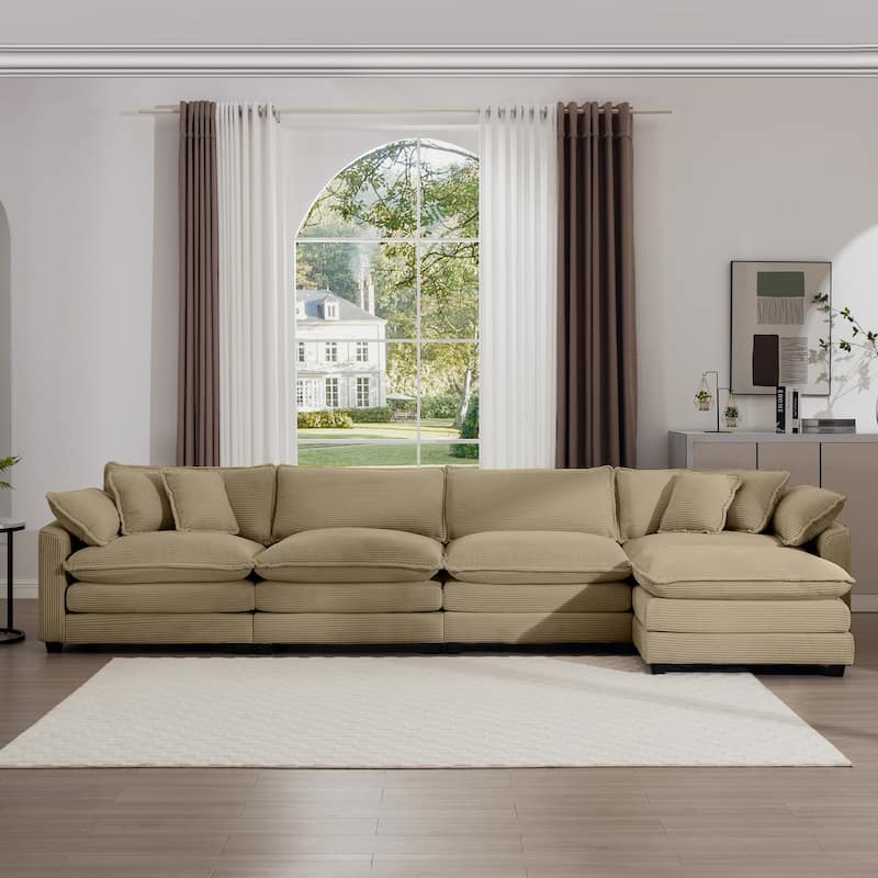 L Shape Modular Sectional Sofa Set with Ottoman, 4 Seater Corduroy Upholstered Couch with Removable Armrests for Livingroom - Tan
