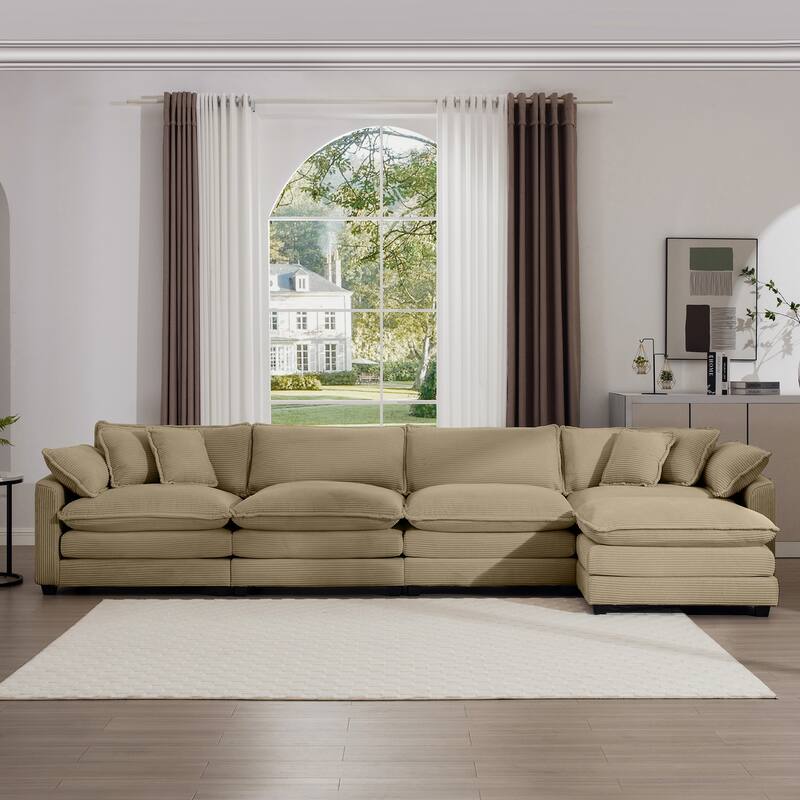 Tan 150" Corduroy Cloud Upholstered Modular L-Shaped Sectional Sofa with Removable Ottoman and Free Combination Design