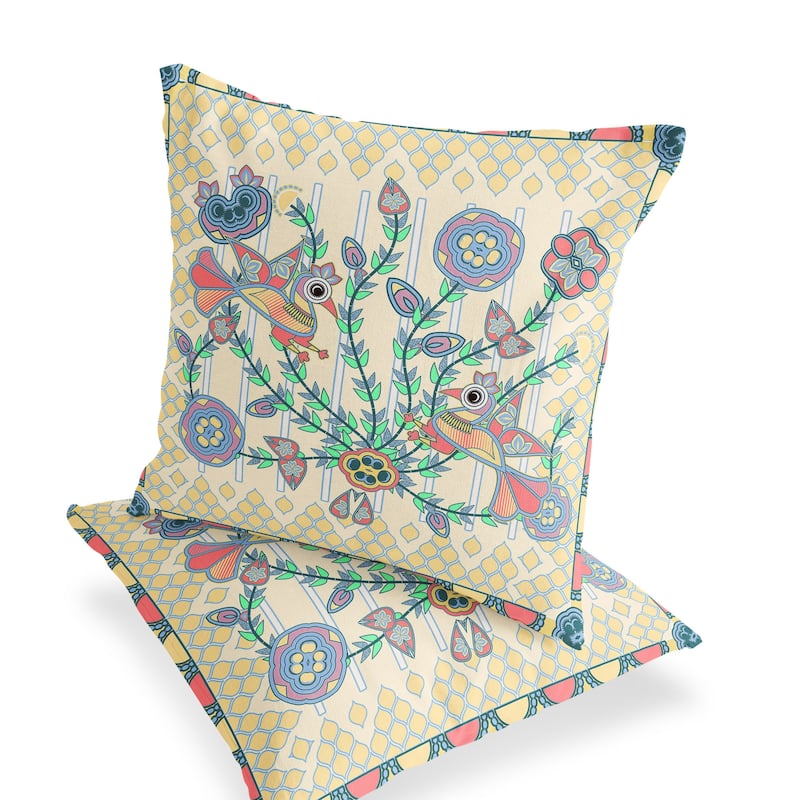 HomeRoots Set of Two 16" X 16" Blue and Yellow Peacock Blown Seam Floral Indoor Outdoor Throw Pillow - 16.00' X '16.00' X '5.00