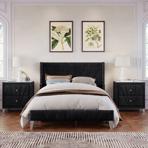 3 Pieces Full Velvet Upholstered Bedroom Set with 2 Nightstands