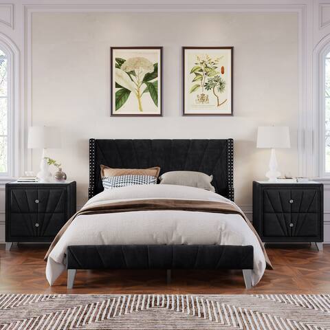 3 Pieces Bedroom Set Full Size Velvet Upholstered Bed with Two Nightstands