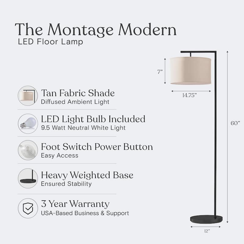 Brightech Montage Modern 60 in. Modern LED Super Bright Floor Lamp with White Fabric Drum Shade