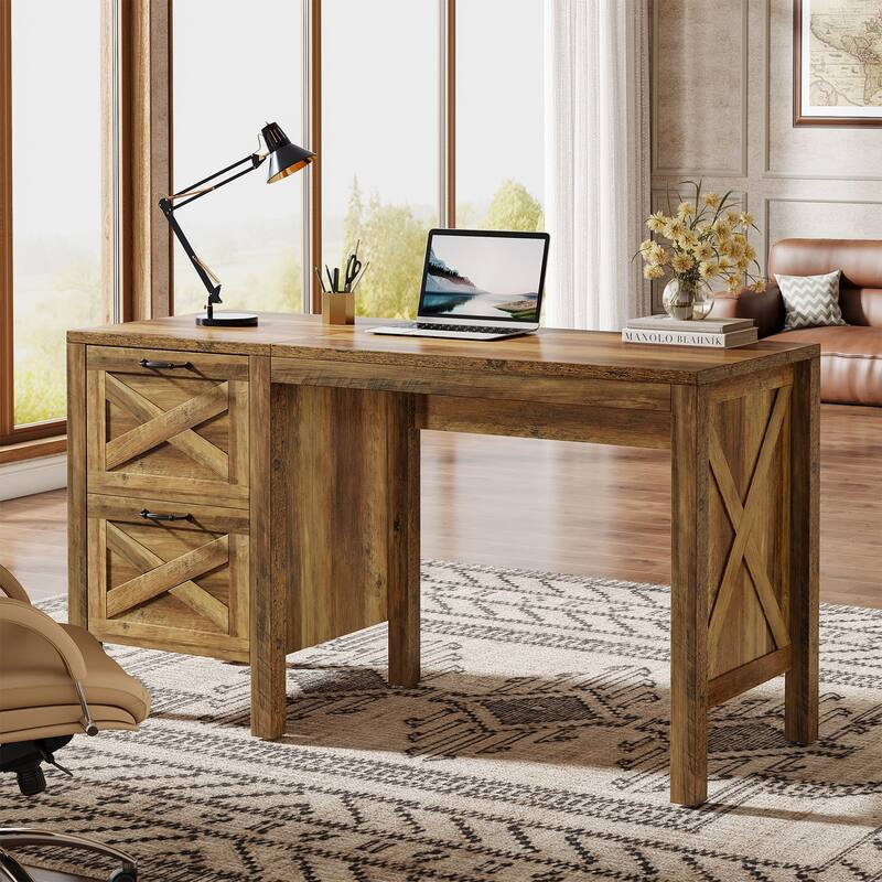 55-Inch Computer Desk with 2 Drawers, Home Office Desk with Heavy Duty Legs, Rustic Brown