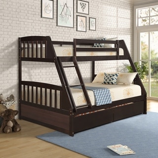 Espresso Twin Over Full Solid Wood Bunk Bed with Two Storage Drawers ...