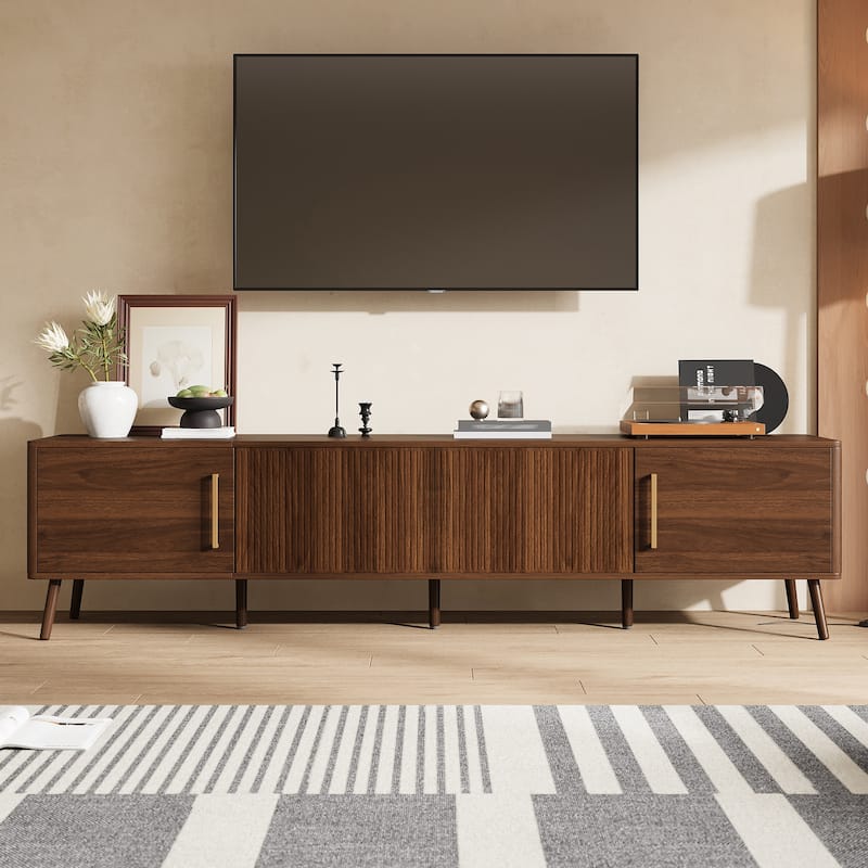 Roomfitters 78 Inch Modern TV Stand for TVs up to 85 Inch, Media Console with Fluted Doors & Soft-Closing Hinges, Walnut - Walnut