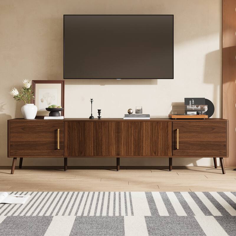 78" Modern TV Stand for TVs up to 85", Media Console with Doors & Solid Wood Legs, Entertainment Center with Storage - Walnut