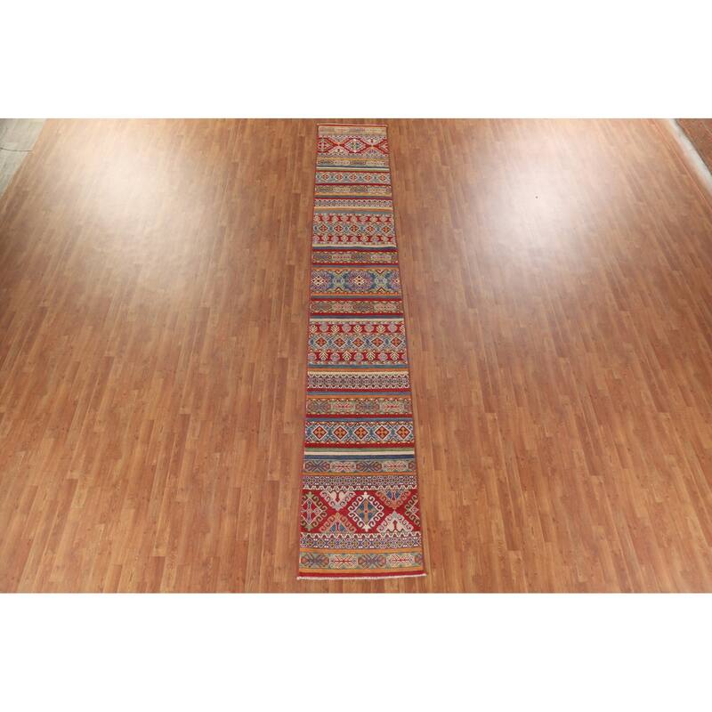 Hand Knotted Oriental 100% Wool Carpet Traditional All-Over Multi-Colored Kazak Runner Rug - 13' 11'' X 2' 6''