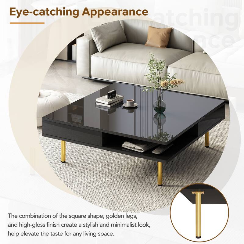 Stylish High Gloss Coffee Table 2 Tier Square Center Table with 4 Gold Legs and 2 Small Drawers, for Living Room