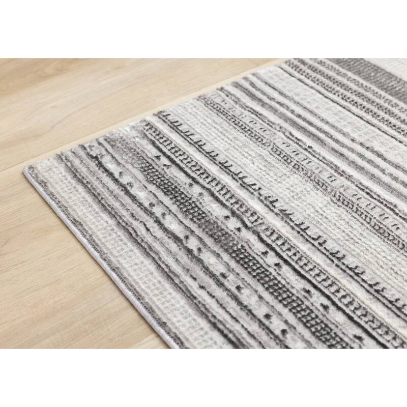 Zuri Collection - Soft Textured Grey White Patterened Rows Rug