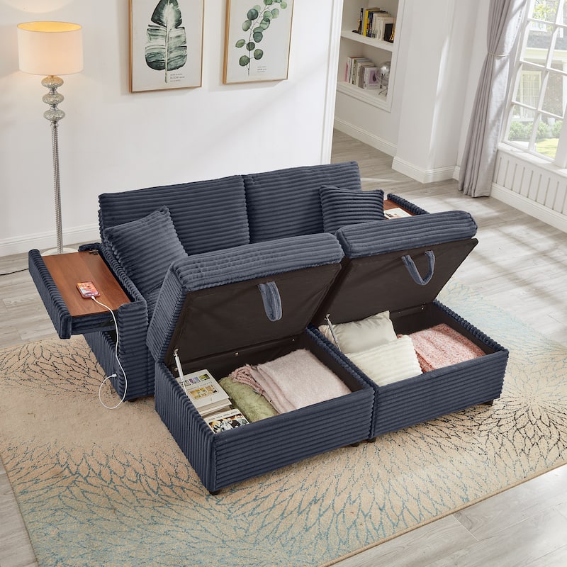 Modular Chaise Sleeper Sofa Bed, Corduroy Loveseat Couch & Storage Ottomans Set with Folding Table Boards and USB Ports - Dark Grey