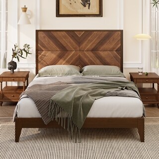 Platform Bed Walnut Back Rests Walnut King Size Mid-Century Pine Platform Bed with Wood Slat Support ...