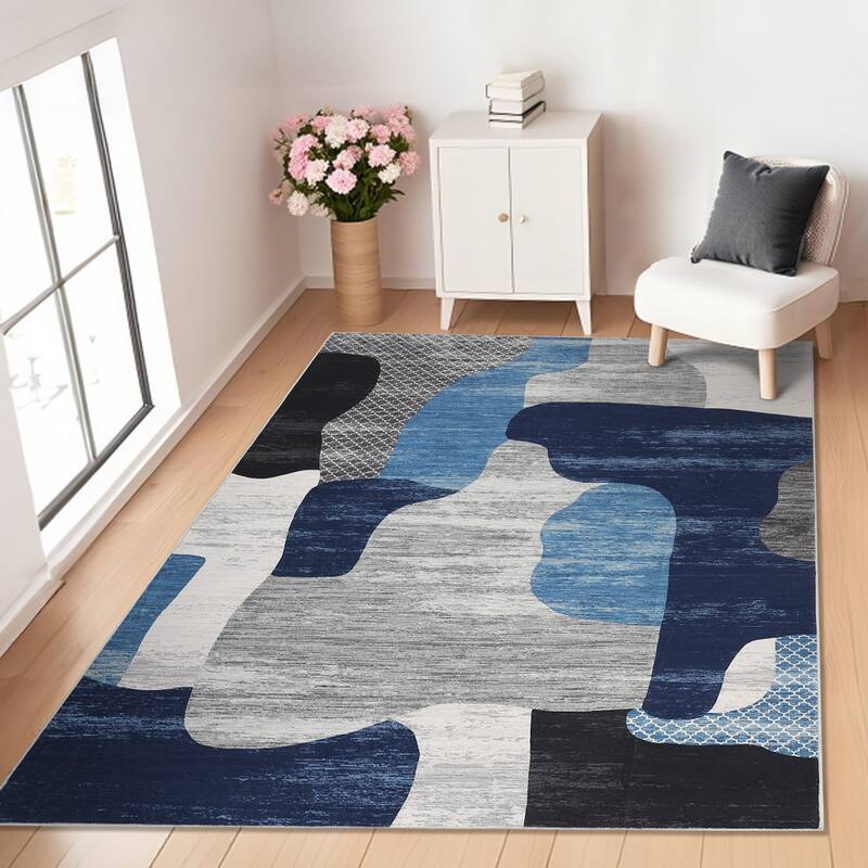 Area Rug Modern Abstract Rugs for Living Room Geometric Non-Slip Backing Low Pile Floor Carpet - 8'x10' - Blue