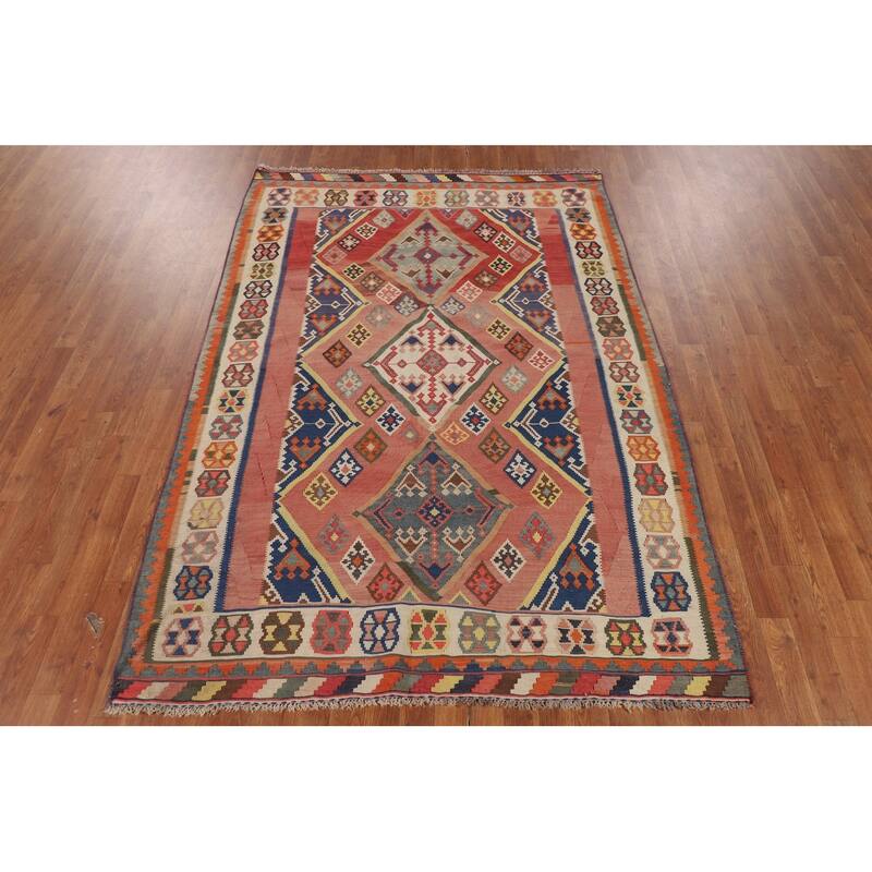 Kilim Qashqai Persian Vintage Rug Flatweave Reversible Wool Carpet - 5'3"x 7'9"