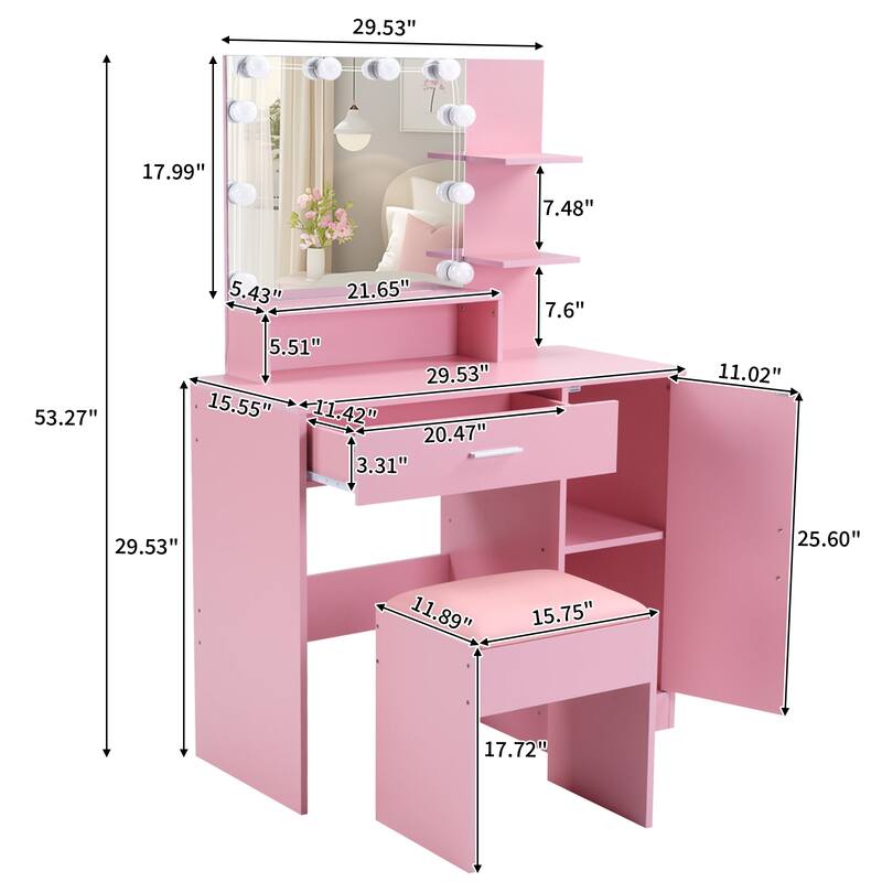Vanity Set Pink Particle Board 1 Drawer 1 Door 3 Shelves Lamp - 29.53" x 15.55" x 53.27"
