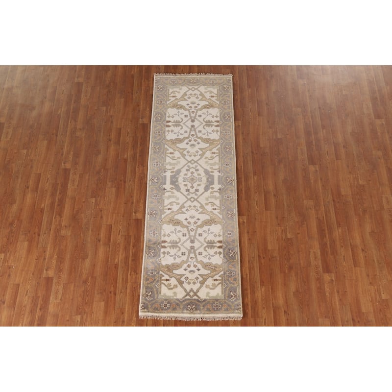 Floral Beige Oushak Oriental Runner Rug Handmade Wool Carpet - 2'7"x 7'10"