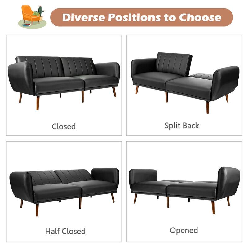 Gymax Convertible Futon Sofa Bed PU Adjustable Couch Sleeper w/Wood