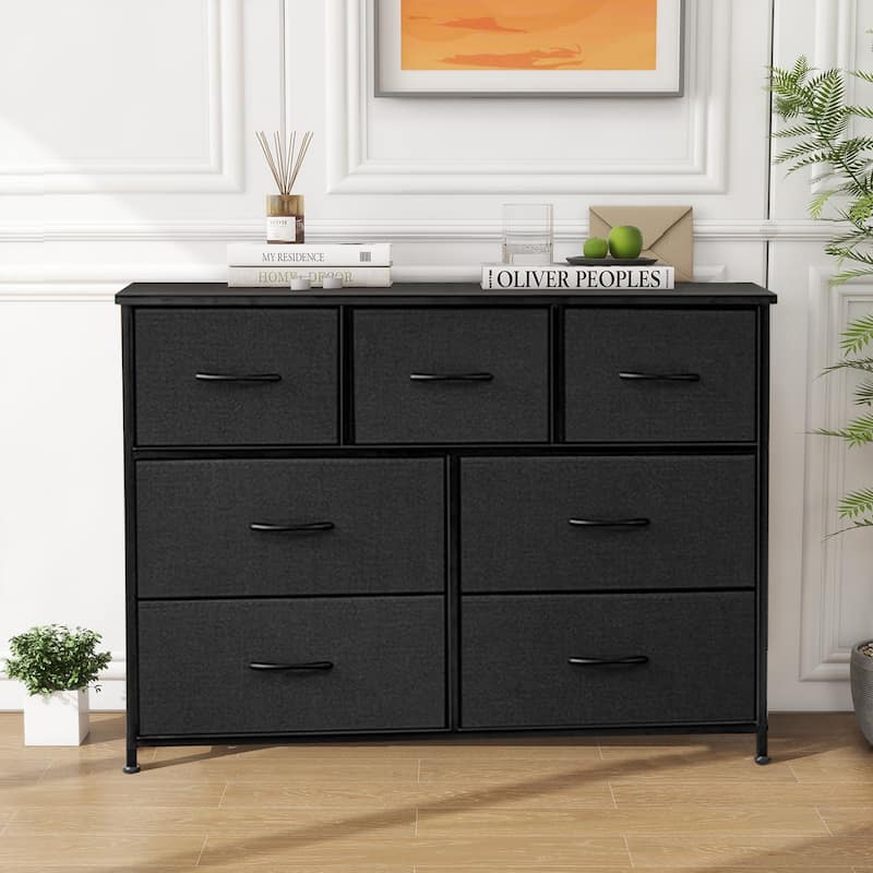 Freestanding 7-Drawer Chest of Drawers Chest Tower TV Stand with Wood Top for Closet Bedroom - Black