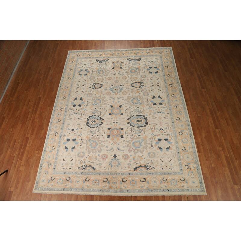 Hand Knotted Oriental 100% Wool Carpet Transitional All-Over Beige & Ivories Oushak Area Rug - 11' 10'' X 9' 0''