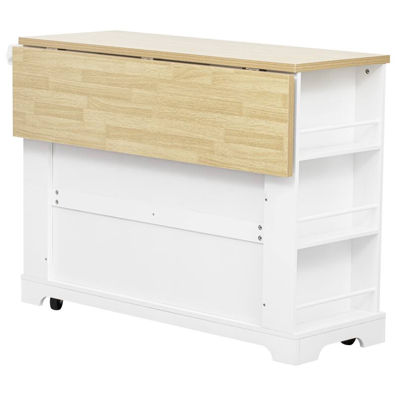 Rolling Kitchen Island Cart on 5 Wheels with 6 Drawers, 5 Open Side Racks, Pull Out Trash Can Storage, Drop Leaf, Power Outlet