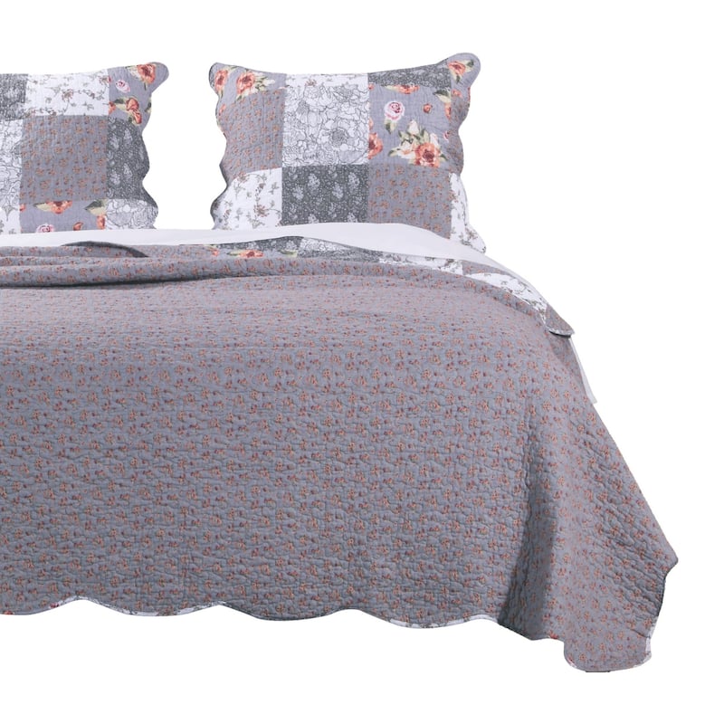3 Piece Microfiber Queen Size Quilt Set with Floral Prints, Multicolor