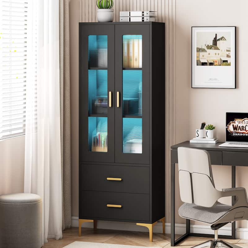 Tall Bookcase Bookshelf Storage Cabinet With Doors and LED Light - Black