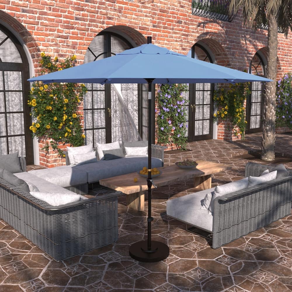 California Umbrella 9' Sunset Series Patio Umbrella Bronze Aluminum Frame and Ribs, Crank Lift Auto Tilt, Olefin Royal Blue