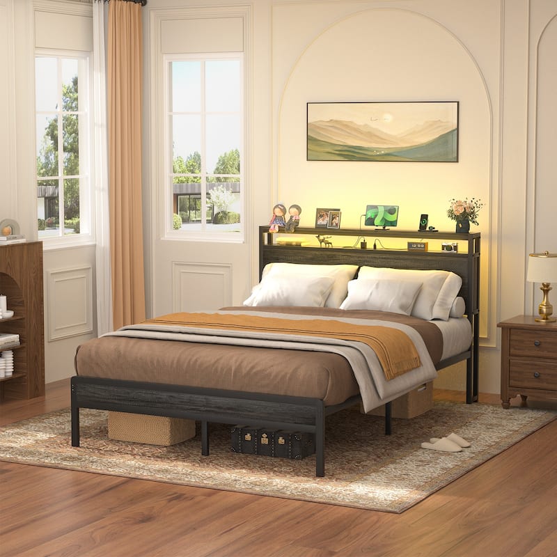 Farmhouse Wood Platform Bed Frame with Charged Station and LED Lights - Grey - Full
