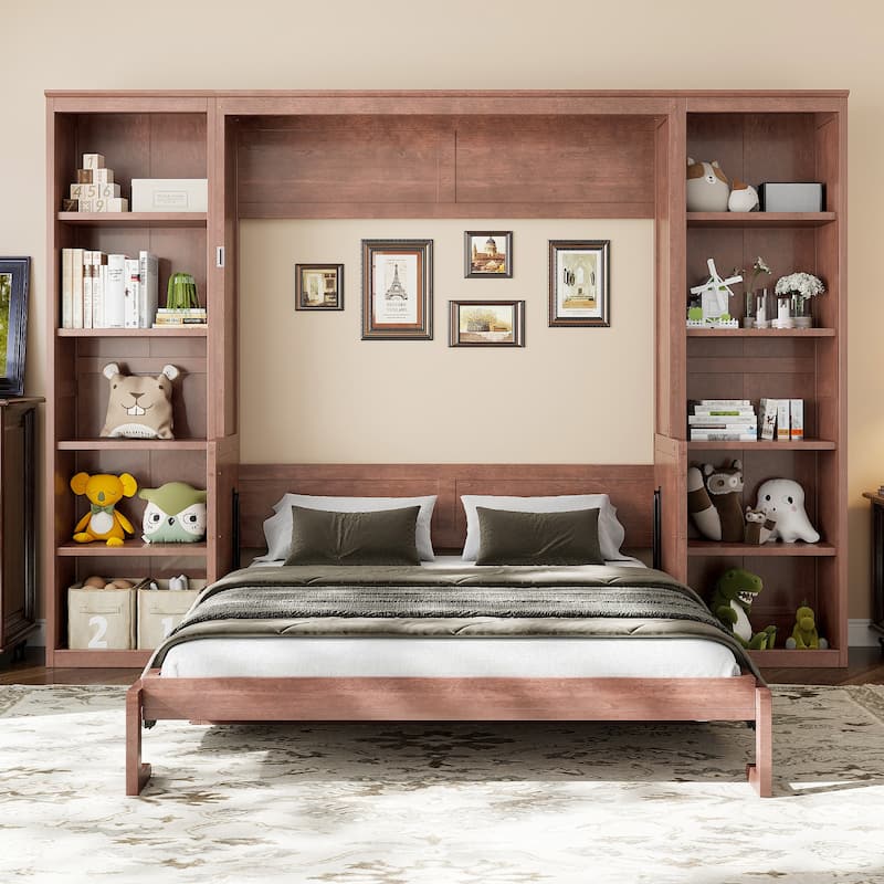 Dark Brown Murphy Bed with Bookshelf and Desk - Dark Brown - Queen