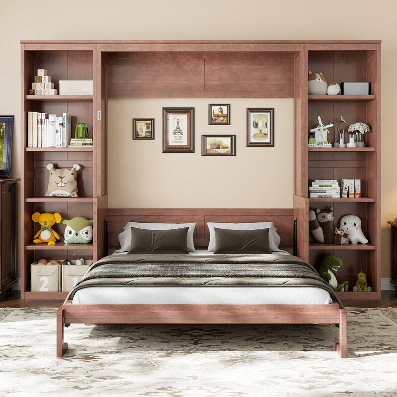 Roomfitters Full/Queen Size Murphy Bed with Desk and Bookshelf Storage, Space Saving, Dark Brown