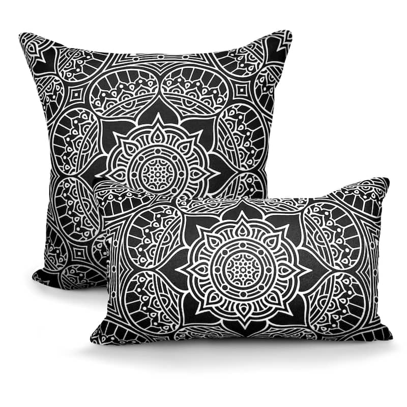 Decorative Indoor/Outdoor Weatherproof Lumbar Throw Pillows with Inserts (Set of 2) -12x20 - 18x18 Inches - Black/White