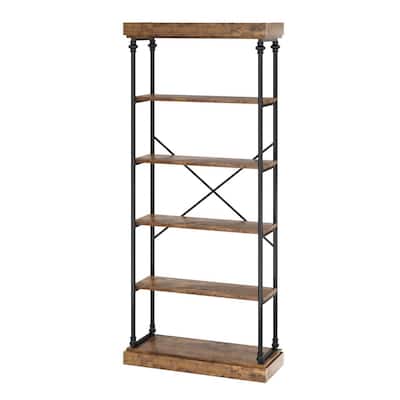 Industrial 6 Tier Tall Wood Bookcase with Metal Frame