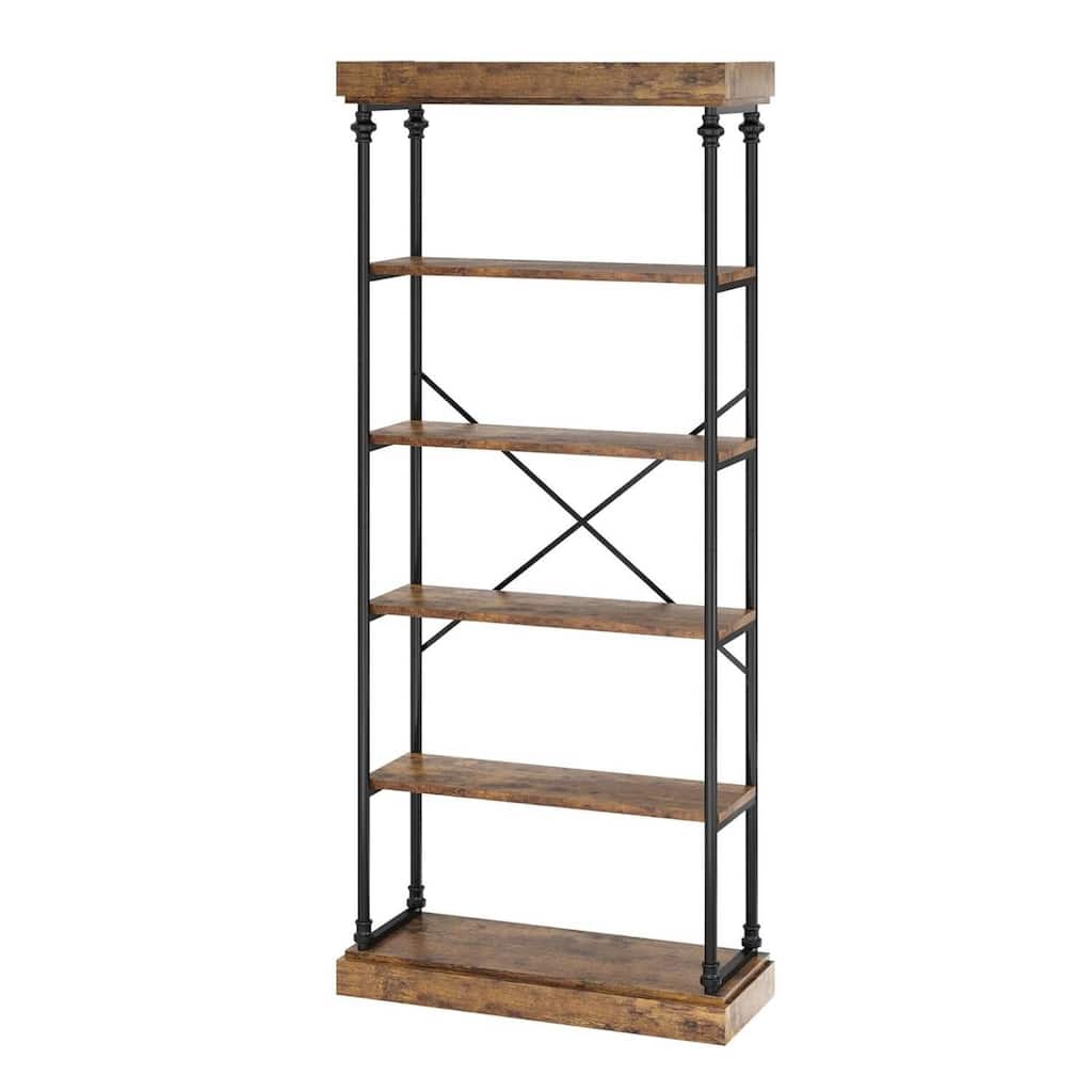 Industrial 6 Tier Tall Wood Bookcase with Metal Frame