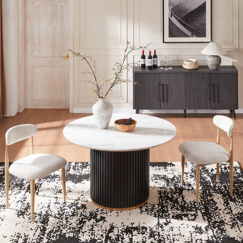 Modern Round Dining Table Set with Upholstered Armless Chairs, 3-Piece Mid-Century Kitchen Table Set - White
