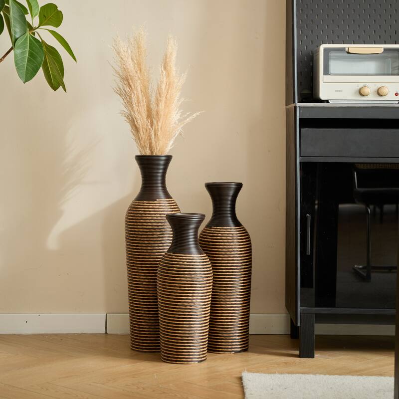 3-piece set of beige+black decorative floor vases, classic and neat floor vases with high independent flower racks
