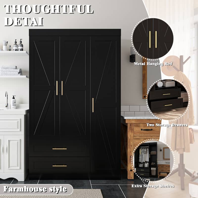 Classic Three-Door Wardrobe,Wood Bedroom Armoire with Hanging Rod and Shelves,Spacious Storage Closet,Modern Farmhouse Design