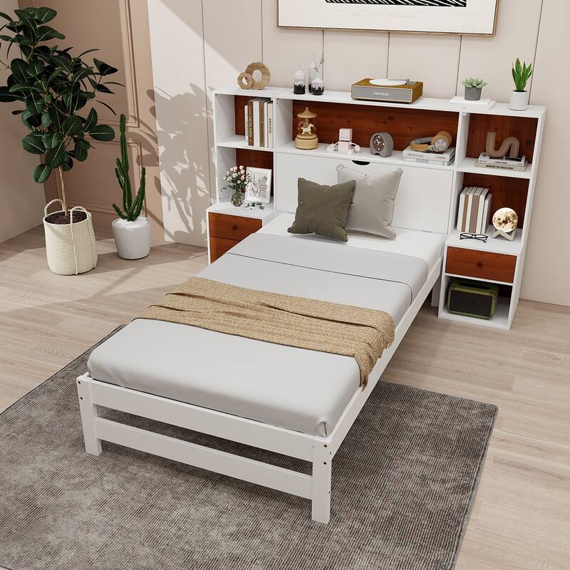 Gymax Twin Bed Frame w/ Storage Headboard & Nightstands 7 Compartments