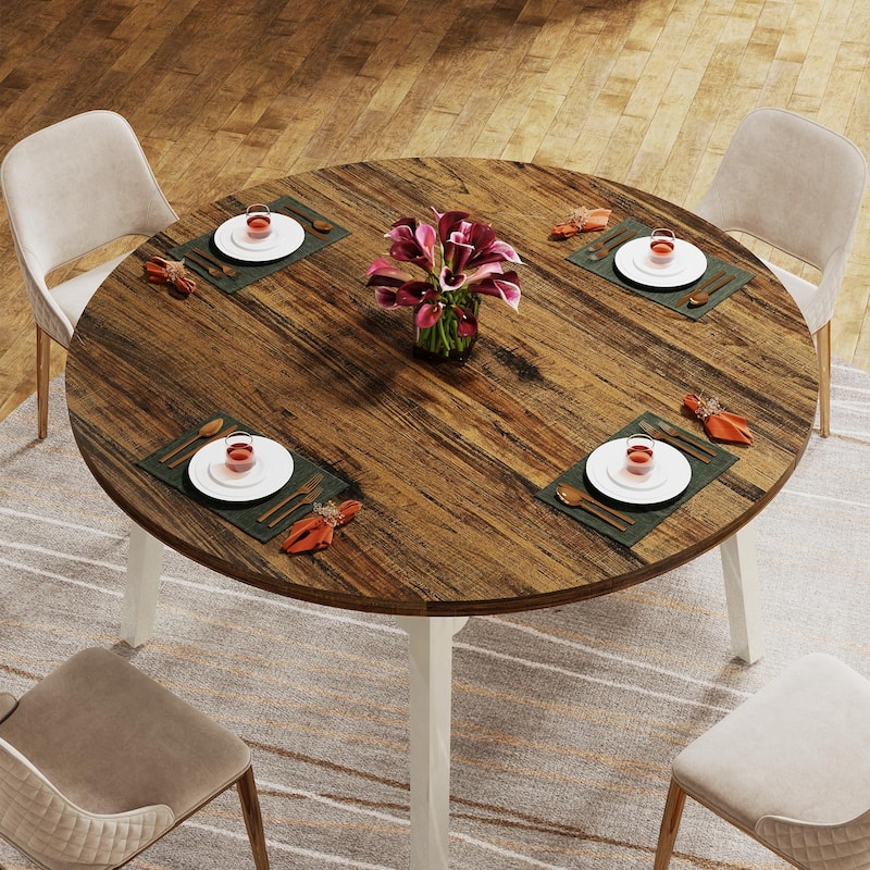 47 Inch Round Dining Table for 4, Farmhouse Kitchen Table - Brown and White