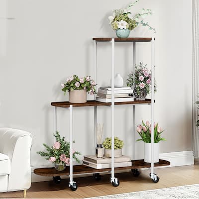 Corner 3 Tiered Flower Plant Shelf Sofa Side Storage Floor Stand with Wheels Indoor