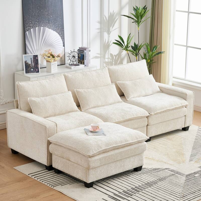 L Shaped Sectional Sofa with Movable Ottoman, Chenille Upholstered 4 Seater Sofa, Cloud Deep Seat Couch with Lumbar Pillow
