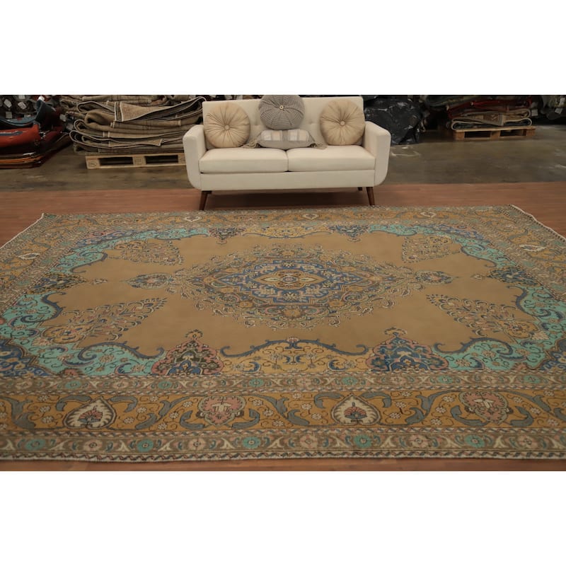 Hand Knotted Oriental 100% Wool Carpet Traditional Floral Brown Tabriz Area Rug - 12' 9'' X 9' 6''