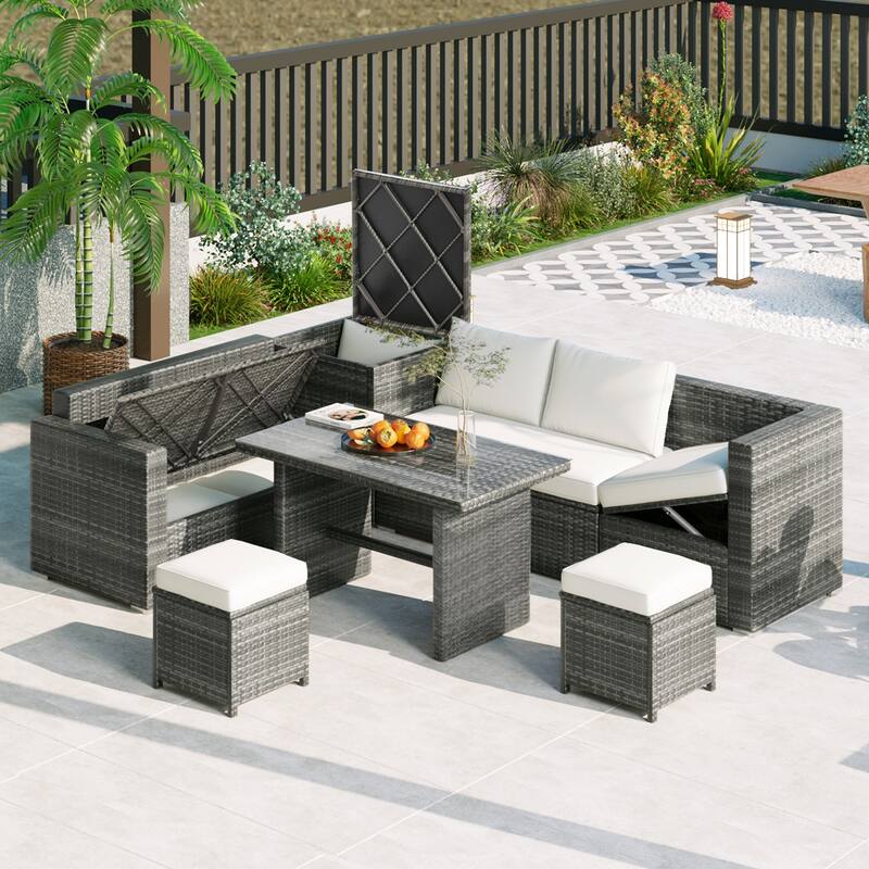 6-Piece All-Weather Outdoor PE Rattan Sofa Set - Patio Wicker Sectional with Storage Box, Removable Covers & Table - Beige