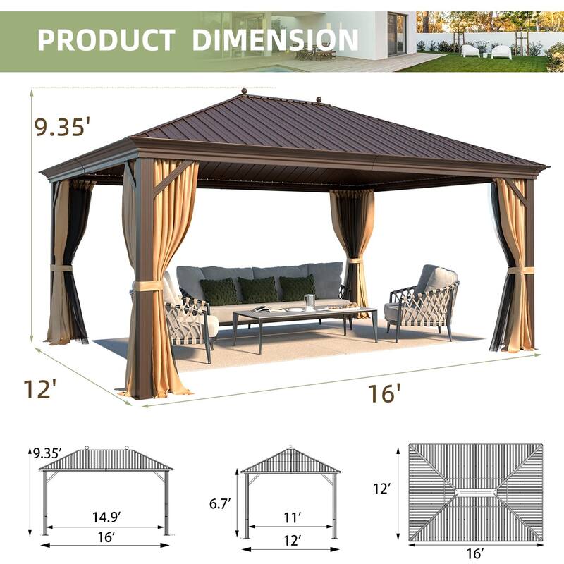 Erommy Pro Series Outdoor Galvanized Steel Roof Gazebo Pergola w/ Aluminum Frame & Vertical Rain Cutter