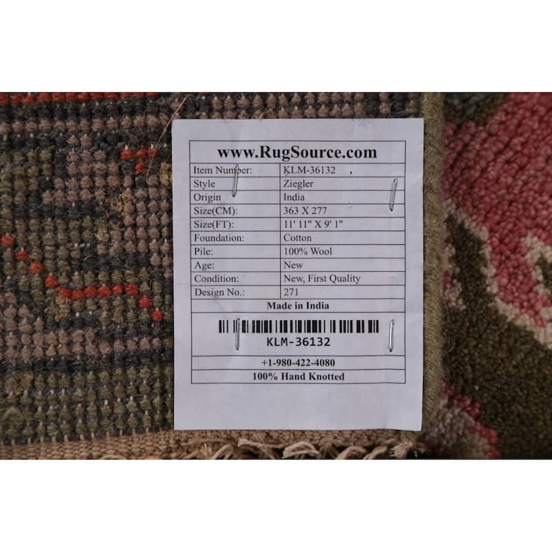 Hunting Animals Green Ziegler Indian Area Rug Handmade Wool Carpet - 9'1"x 11'11"