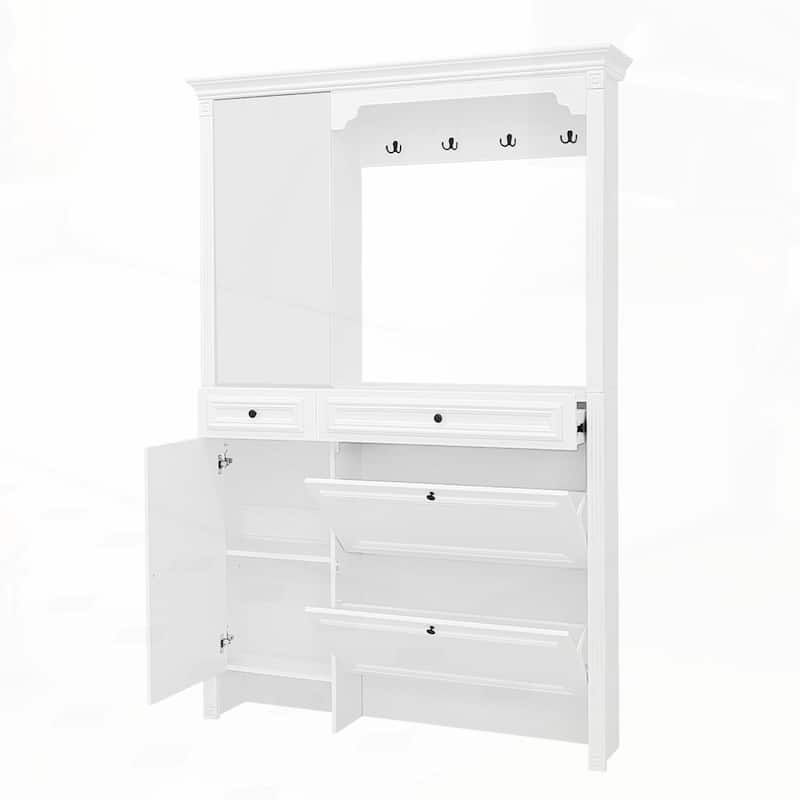 Hall Tree with Integrated Shoe Cabinet and Mirrored Cabinet Door