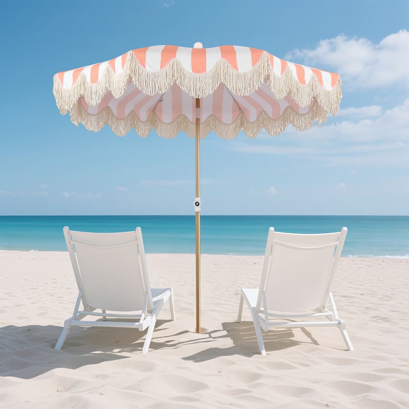 Mariner 6.5ft Classic Fringe Umbrella w/ Tilt & Bag - Coral Pink/White, Light BrowN Pole
