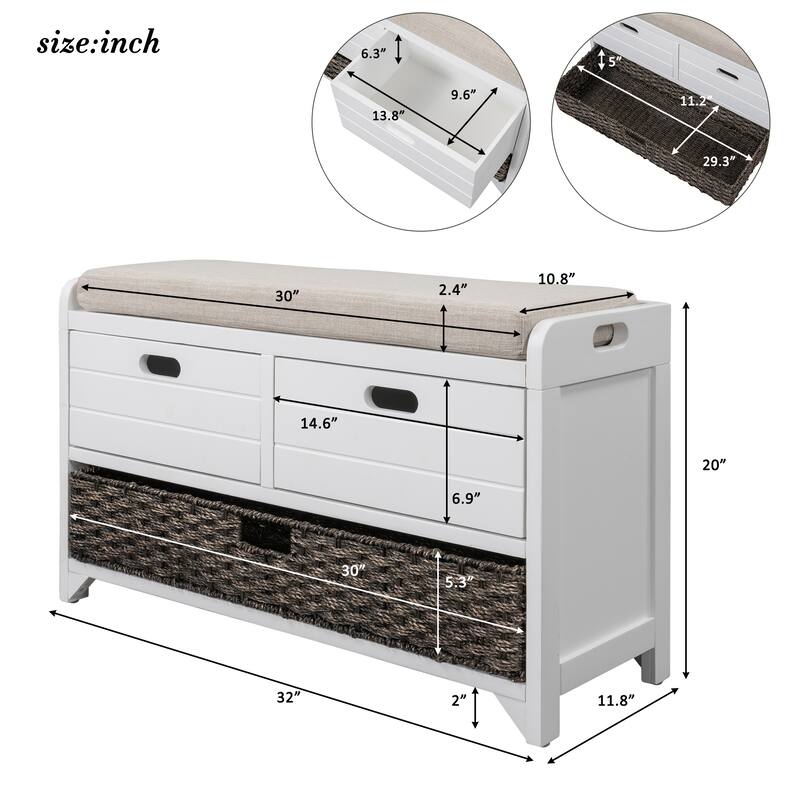 Storage Bench with Removable Basket & Drawers, Fully Assembled Benches Bench with Removable Cushion, for Entryway or Livingroom