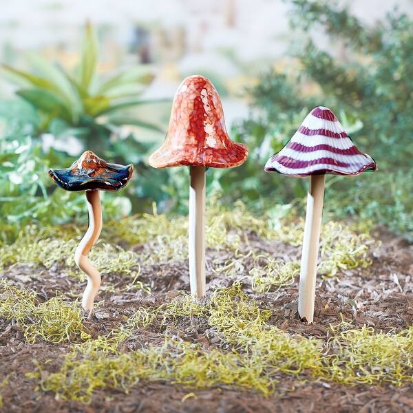 Art Artifact Ceramic Mushroom Garden Stakes Set Of 3 Hand Painted Outdoor Decor Overstock 24203184